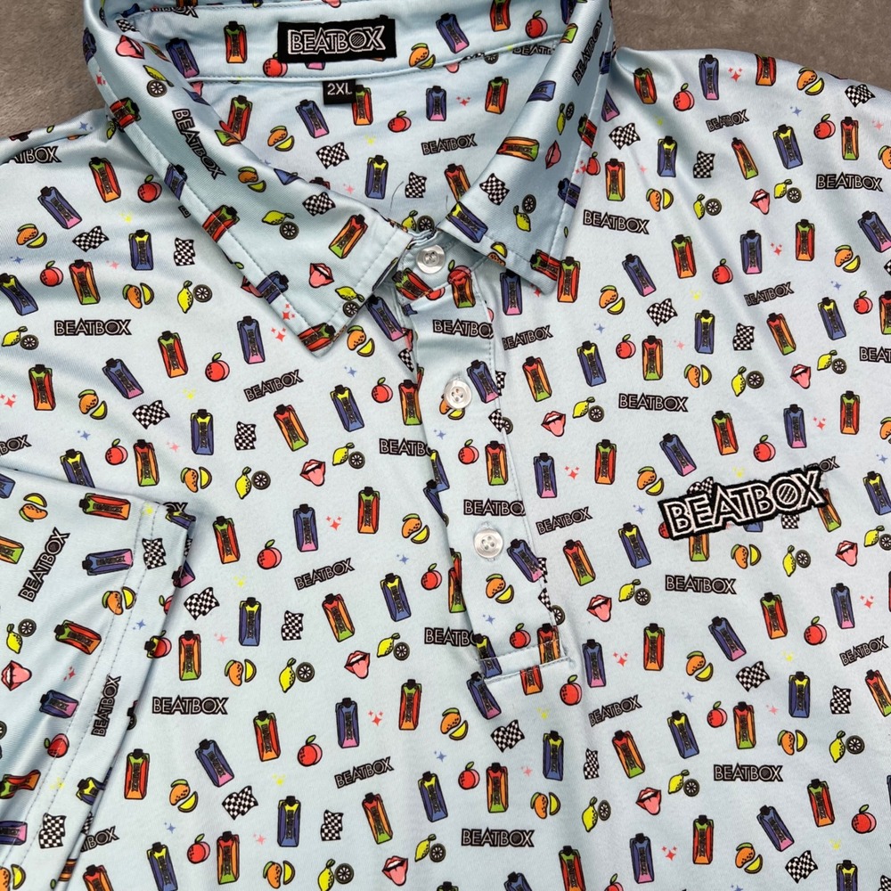 Beatbox Polo Shirt Mens 2XL‎ Light Blue Fruit Beverage Print Stretch Performance